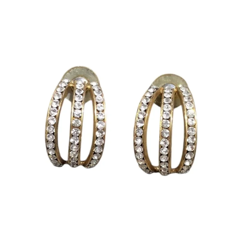 Vintage Inspired Gold Tone Rhinestone Open Oval Hoop Sparkley Earrings